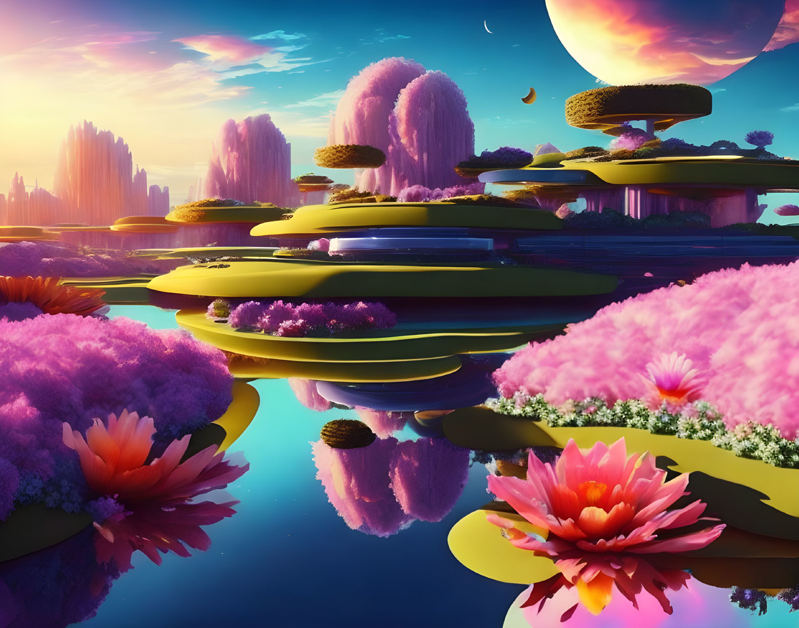 Colorful floating platforms in surreal landscape with celestial body and pink flora