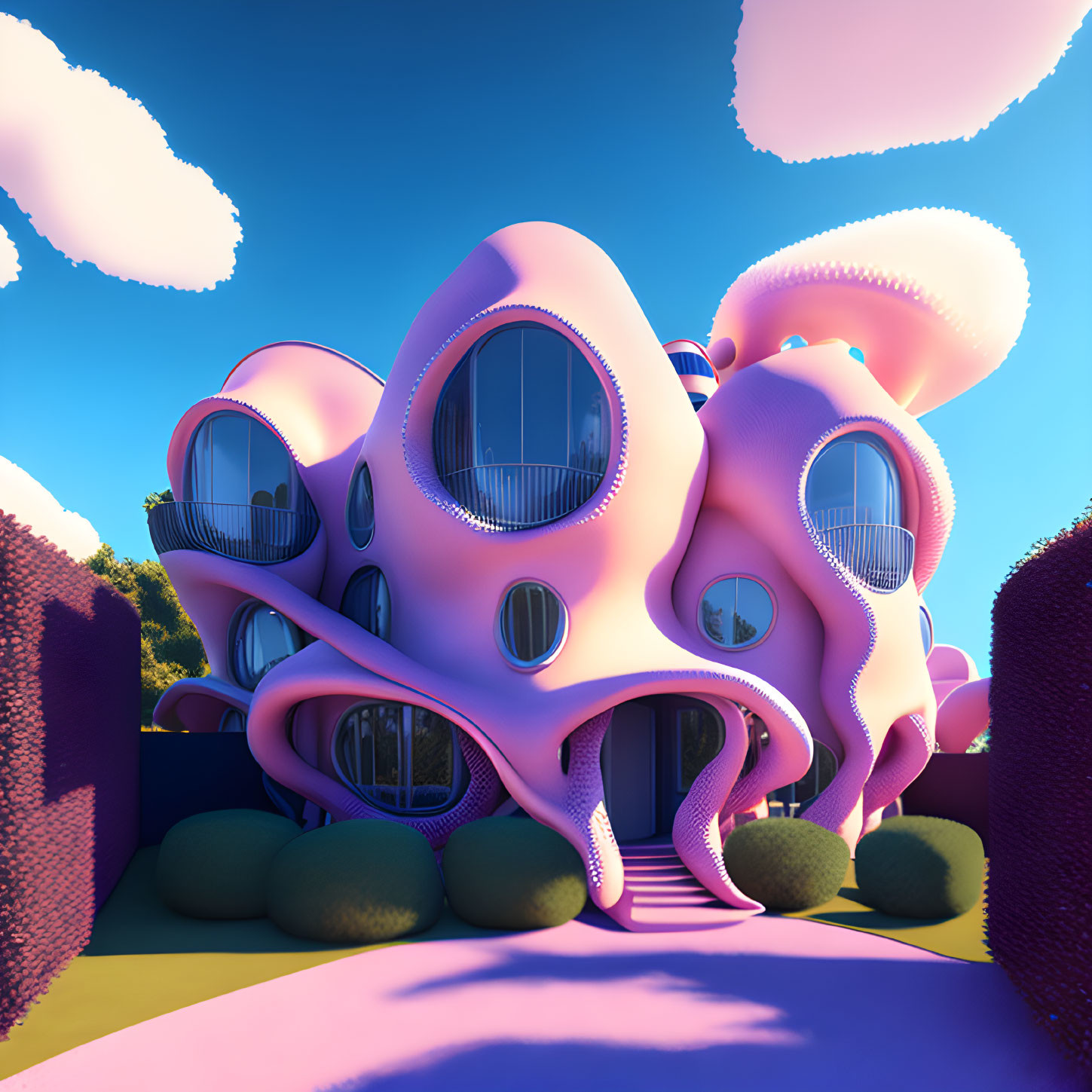 Whimsical pink structure with stylized windows in surreal landscape