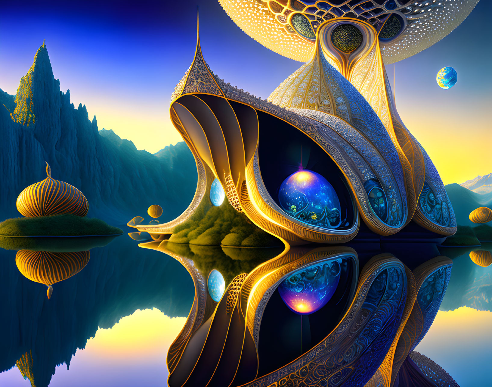 Futuristic digital artwork of organic structures reflecting on a lake