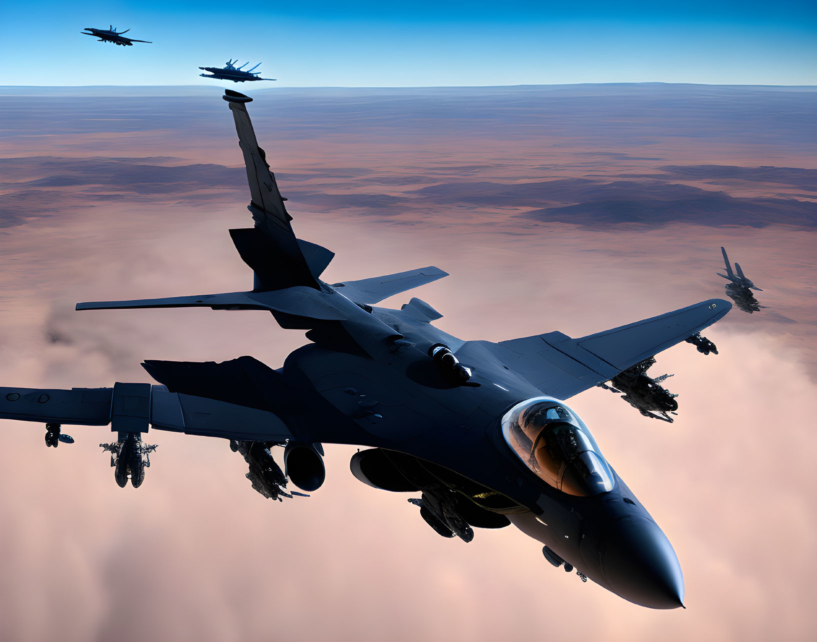 Formation of three fighter jets flying at sunset above clouds