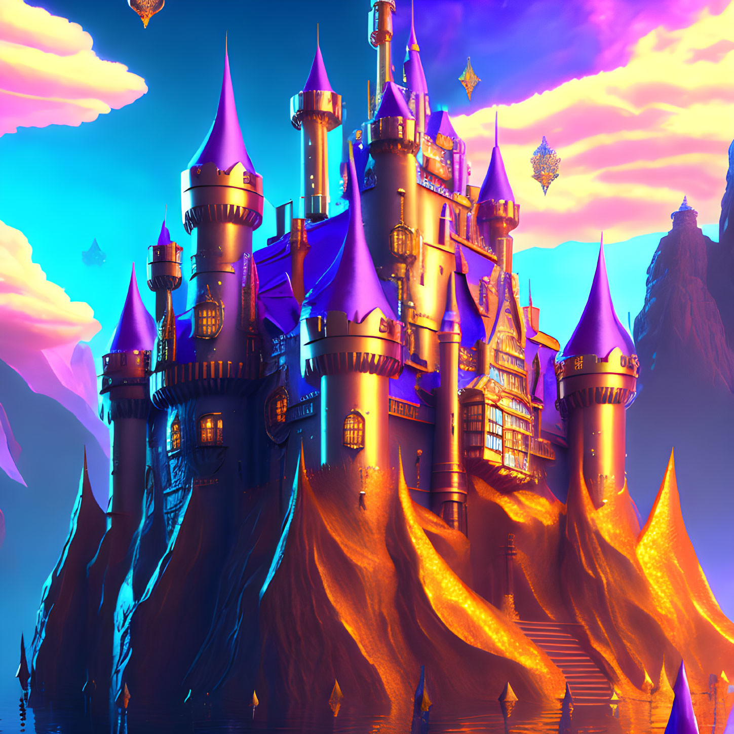 Fantasy castle digital artwork on craggy hill at sunset