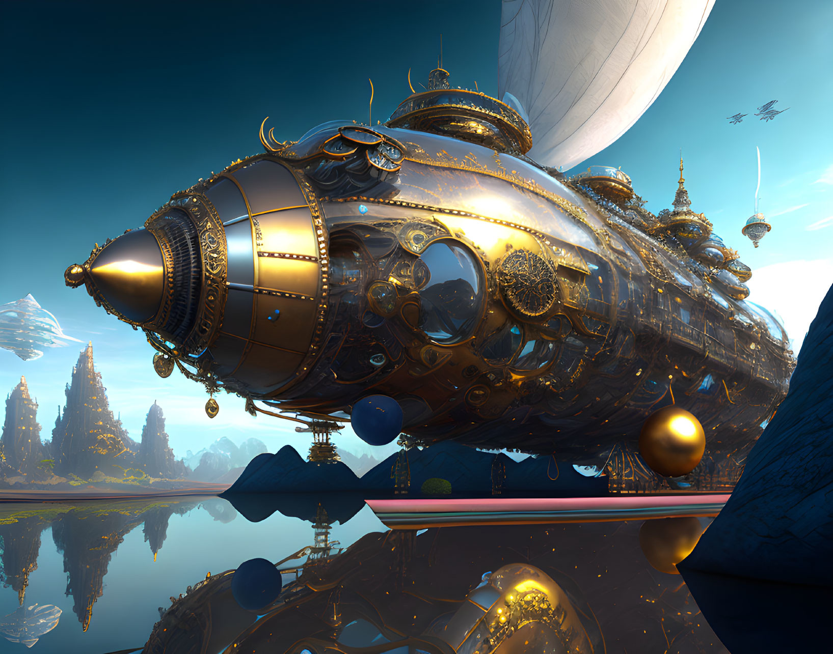 Steampunk-style airship with golden details near futuristic skyline.