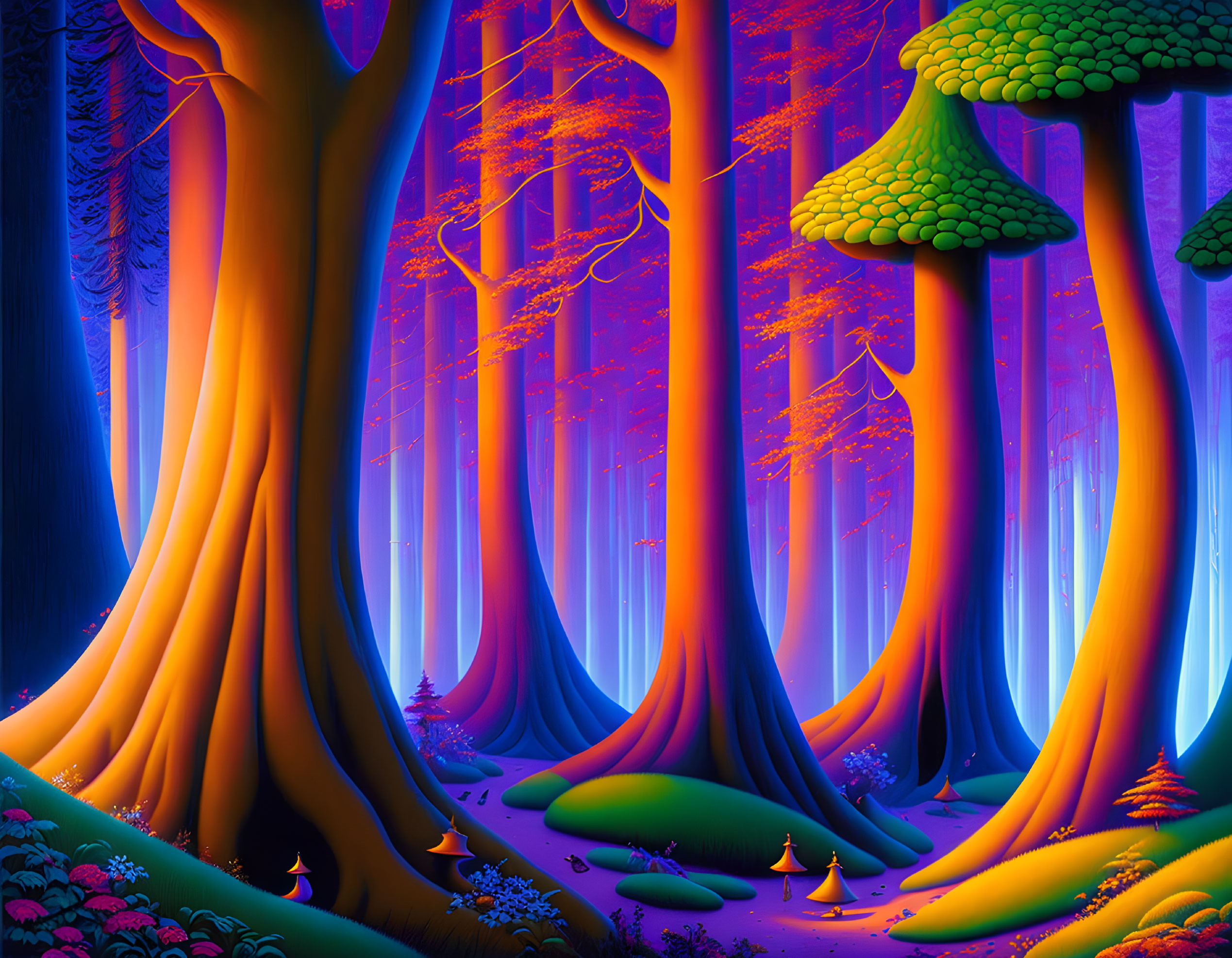 Colorful surreal forest with oversized mushrooms and neon-lit backdrop