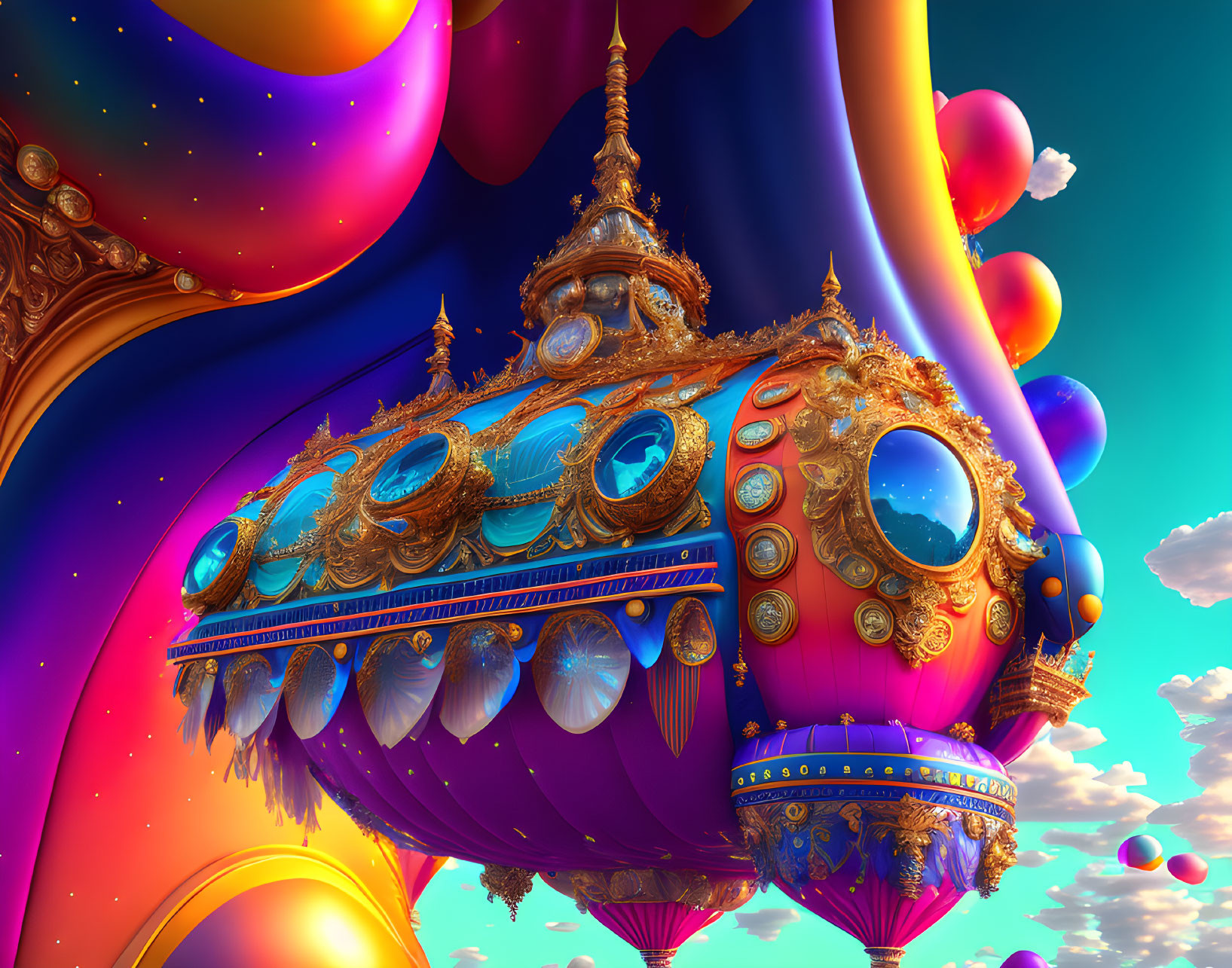 Colorful fantasy airship with gold and jewels in vivid sky