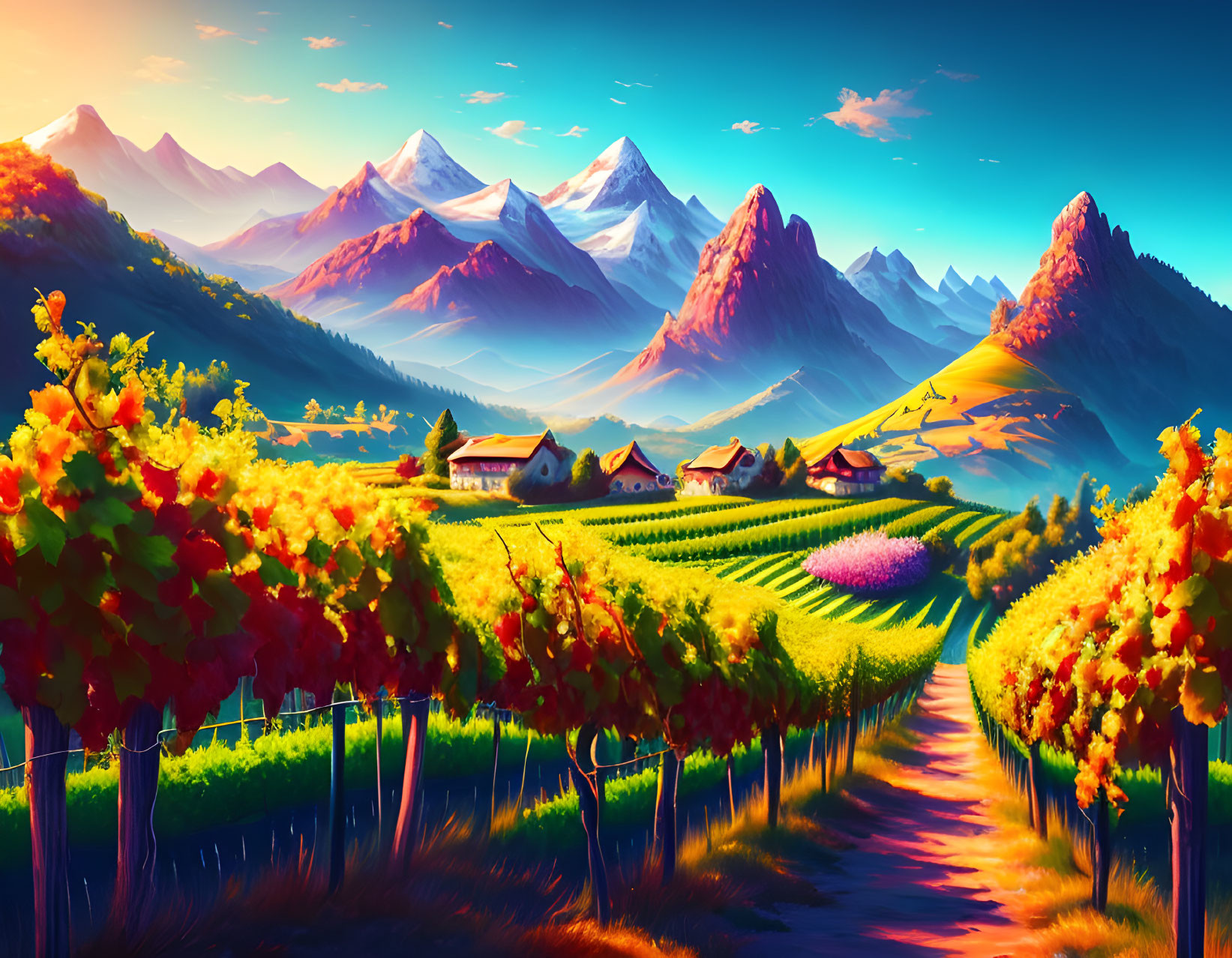 Scenic landscape with vineyards, cottages, and mountains at sunset