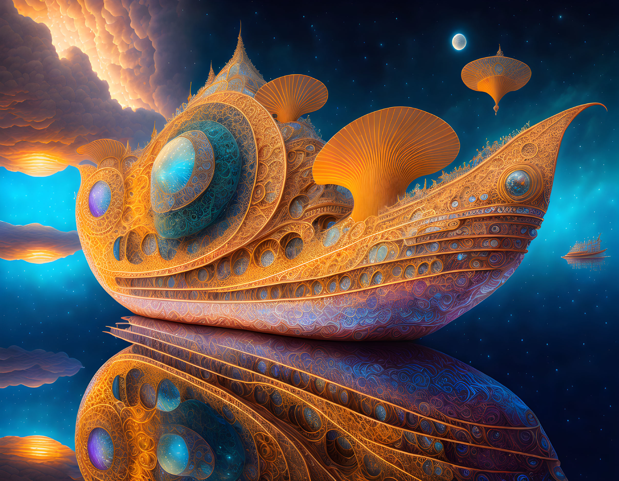 Fantastical digital artwork of eye-shaped mushroom ships in cosmic setting