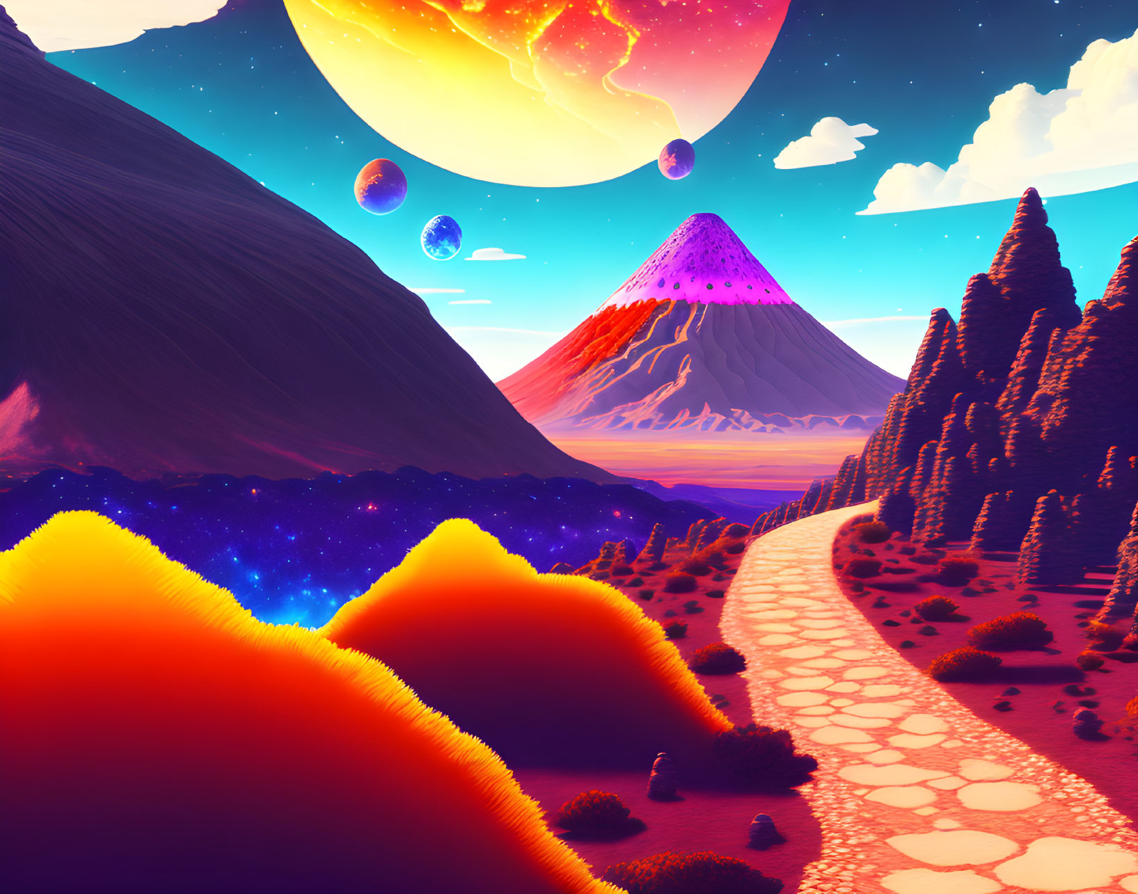 Colorful Sci-Fi Landscape with Path to Mountain & Giant Planets