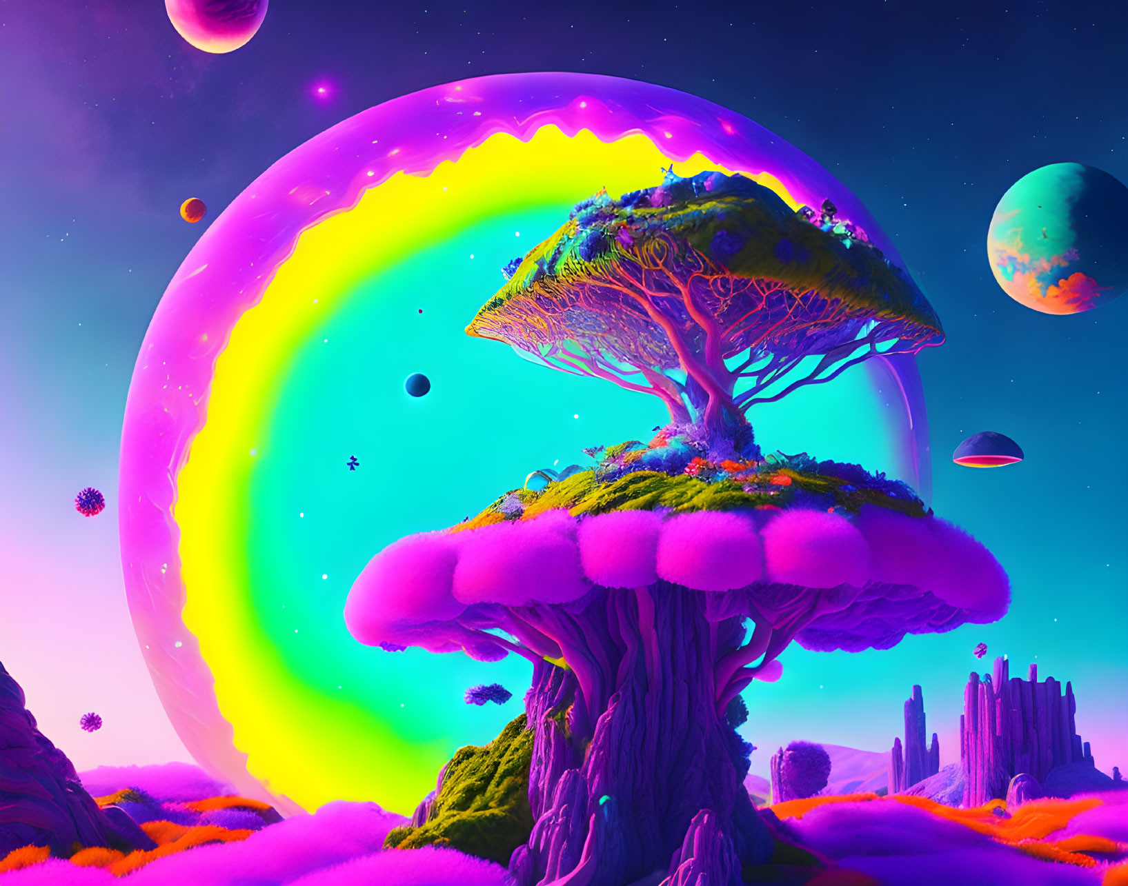 Colorful surreal landscape with mushroom-like tree and planets in purple sky