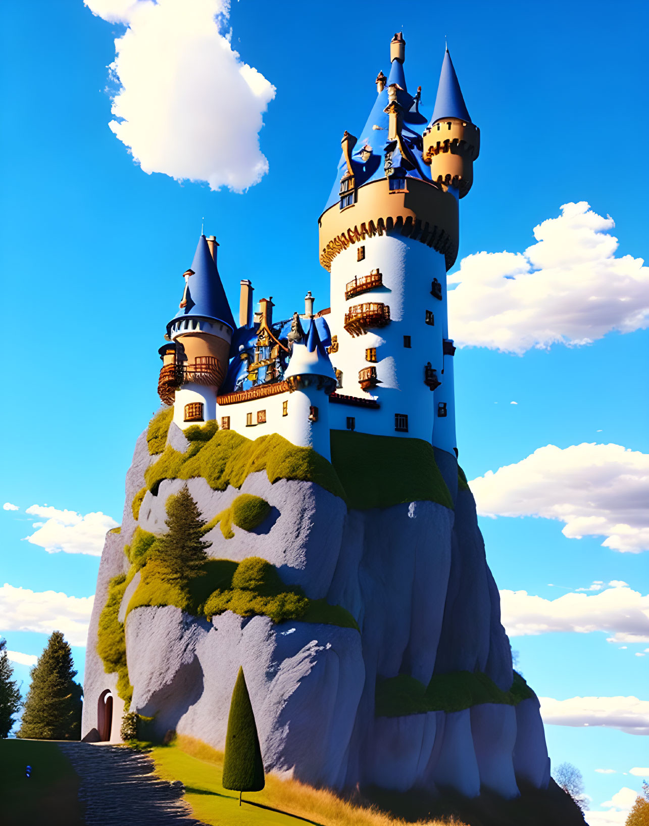 Fantastical castle with spires and turrets on hill under blue sky