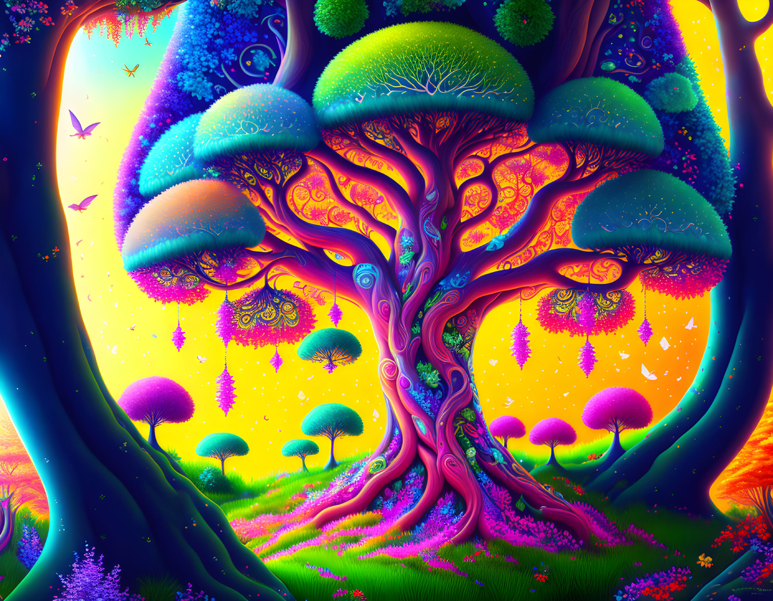 Colorful Psychedelic Landscape with Whimsical Tree & Foliage