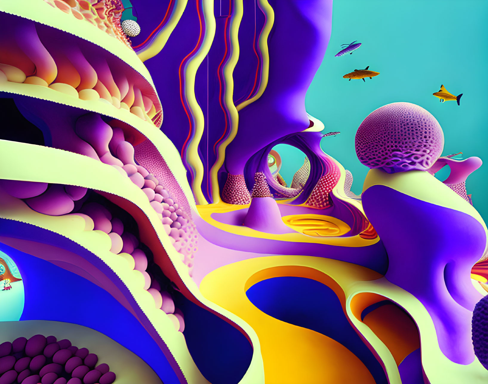 Colorful Abstract Digital Art with Surreal Shapes and Fish-Like Elements