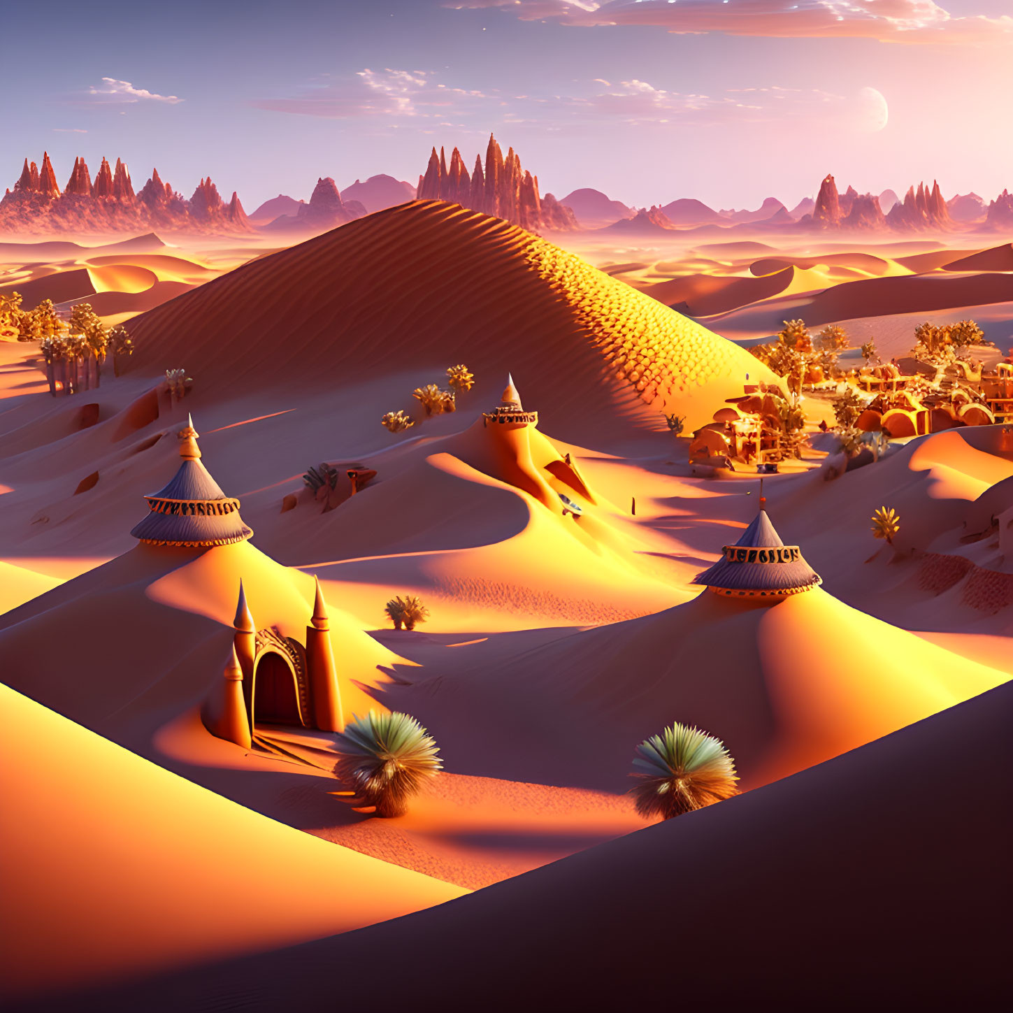 Desert landscape with dunes, village, and alien rock formations at sunset