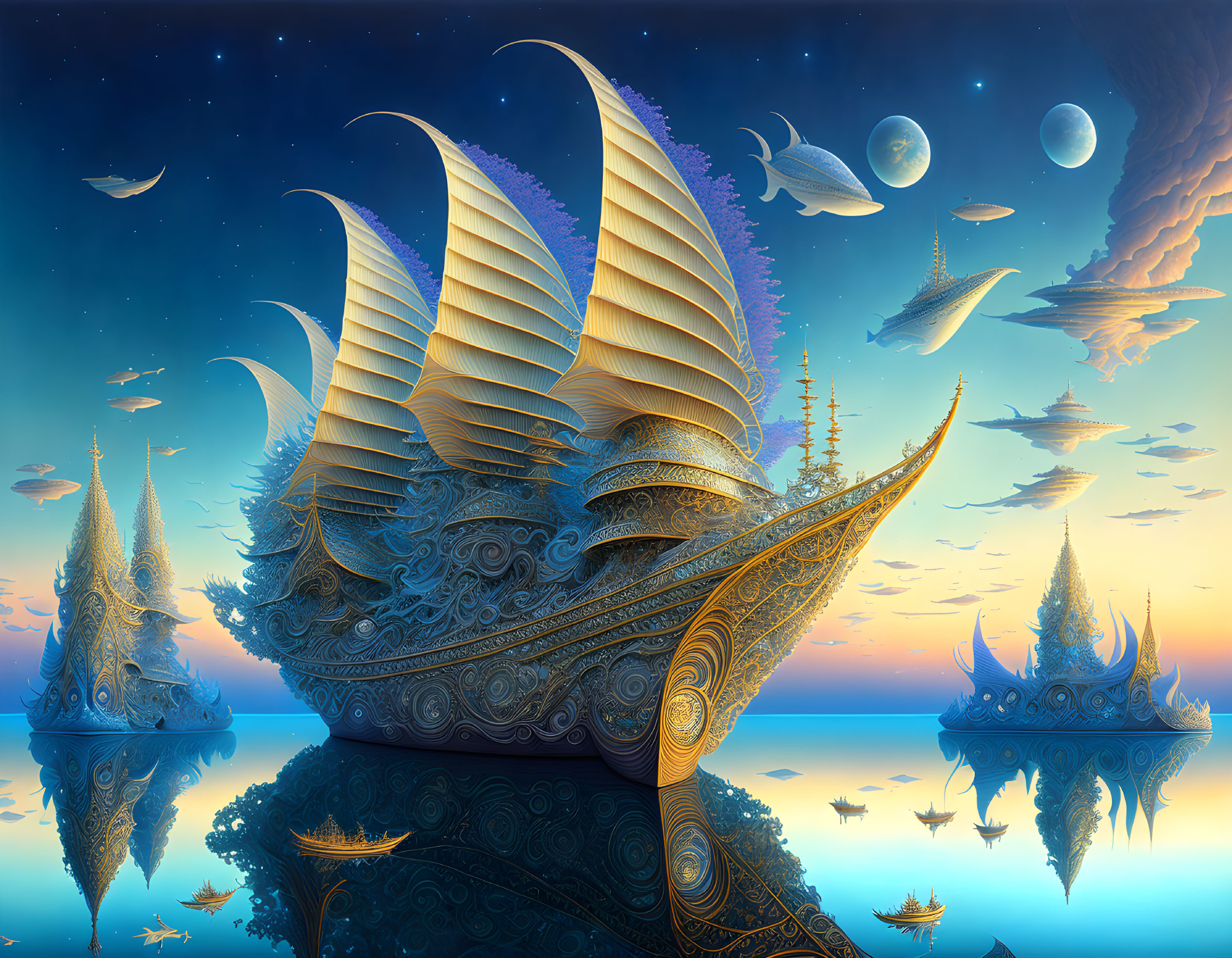 Fantasy ship with elaborate sails on tranquil sea at twilight