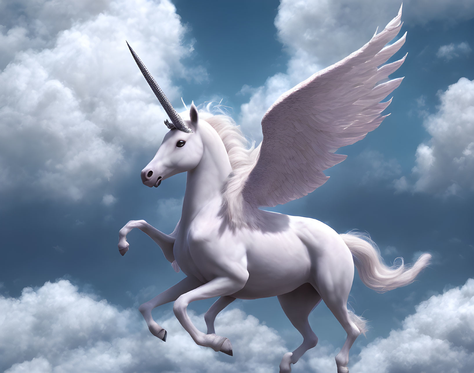 Majestic winged unicorn with spiraling horn gallops in cloudy sky