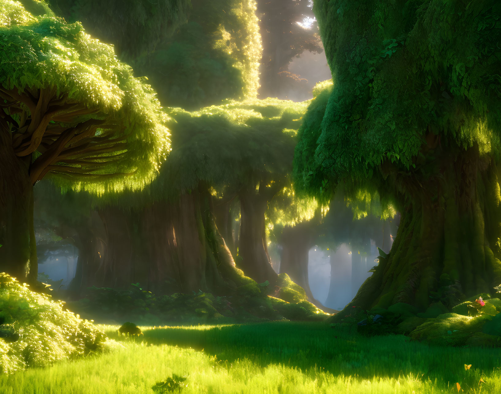 Ethereal forest with sunbeams, moss-covered trees, and lush meadow