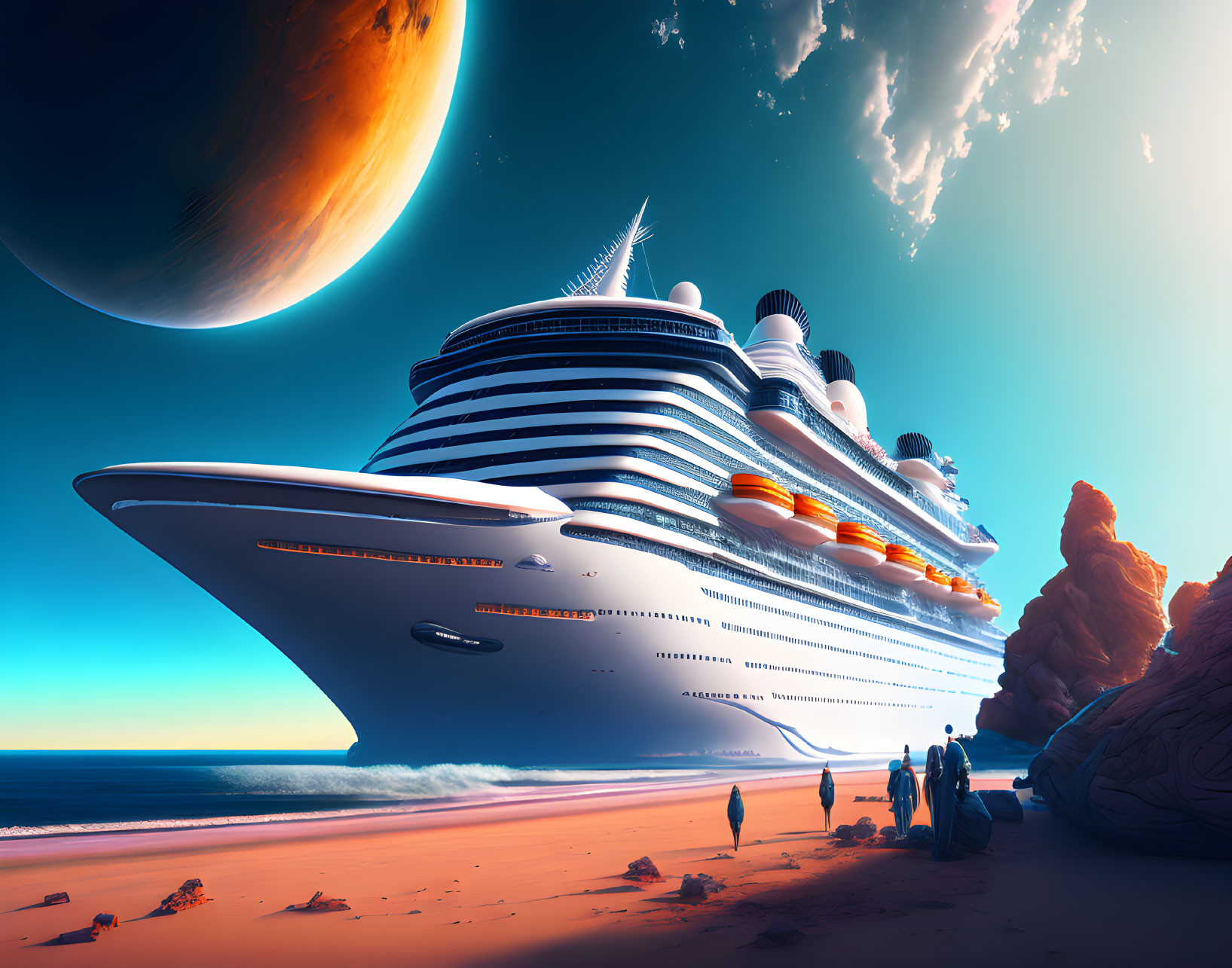 Futuristic cruise ship on alien shore with giant planet in background