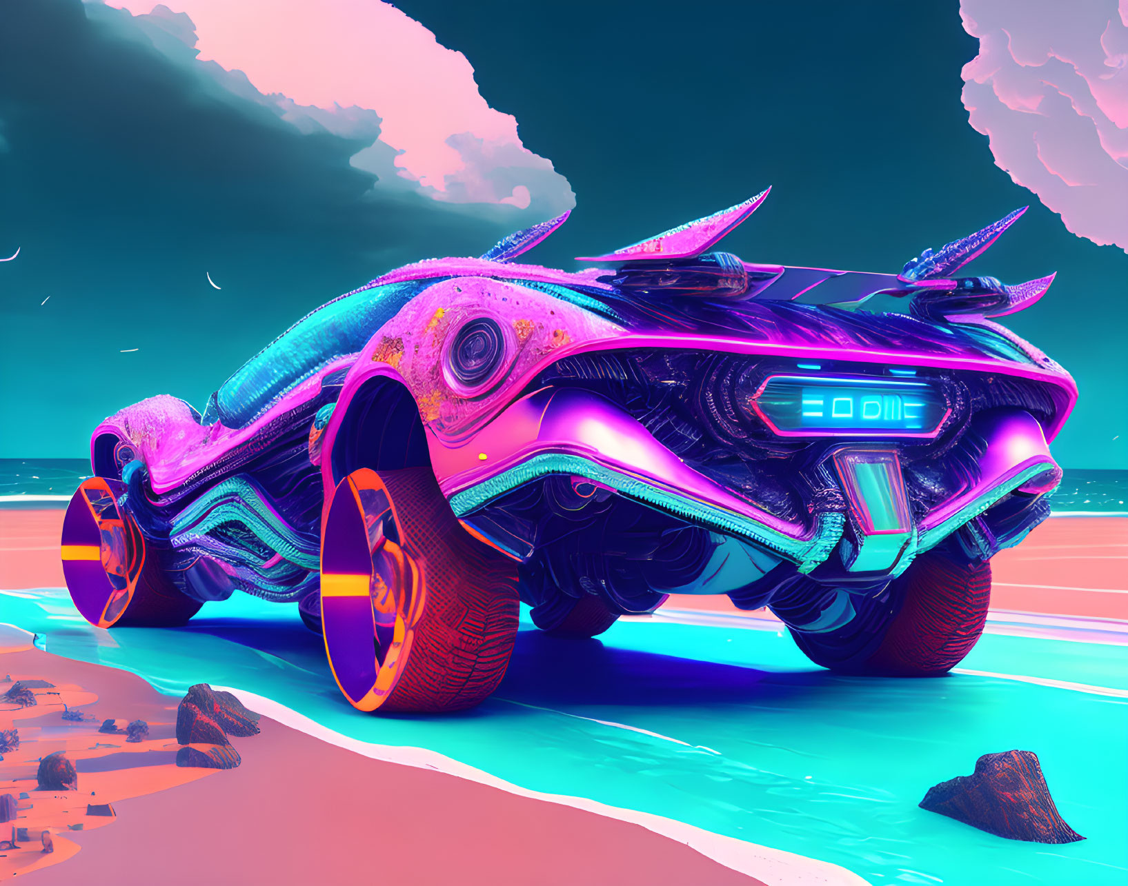 Futuristic iridescent car on vibrant beach with glowing elements