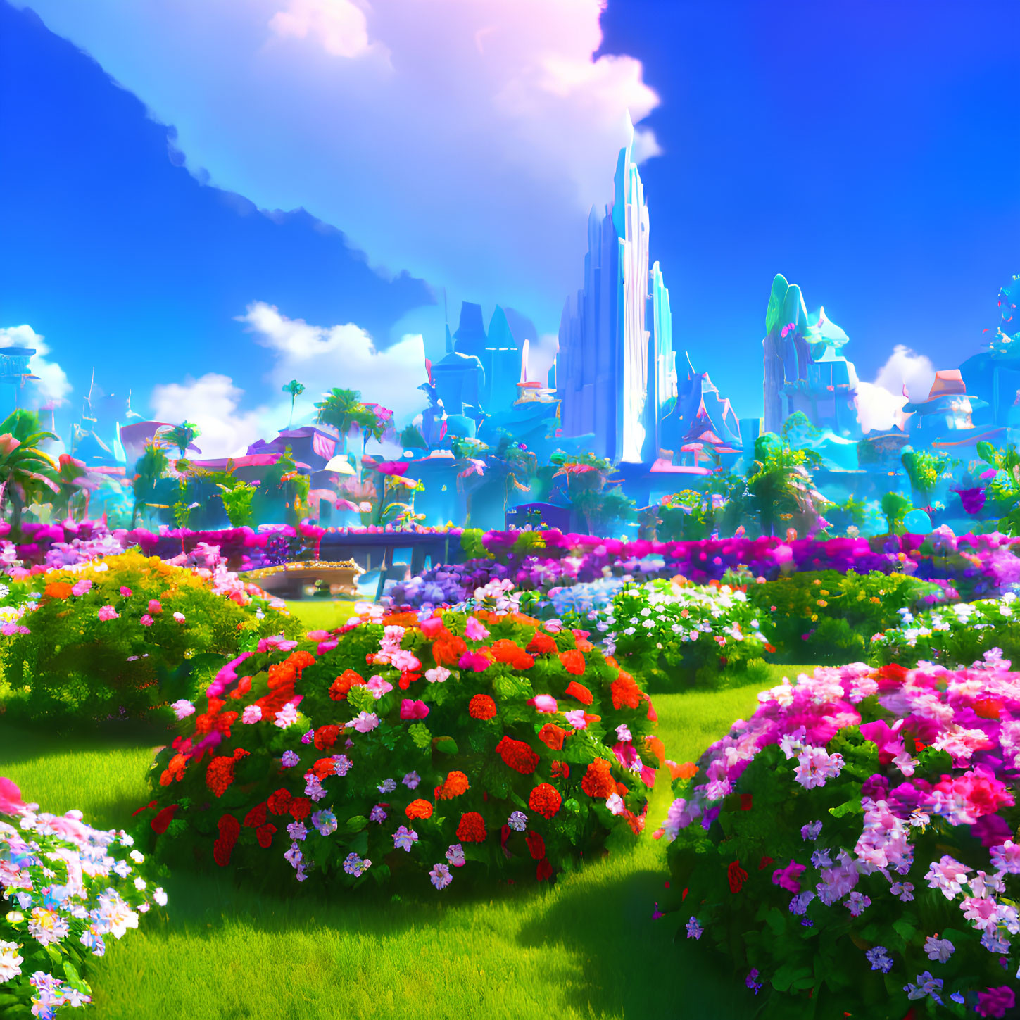 Colorful Fantasy Landscape with Flower Bushes and Crystal City