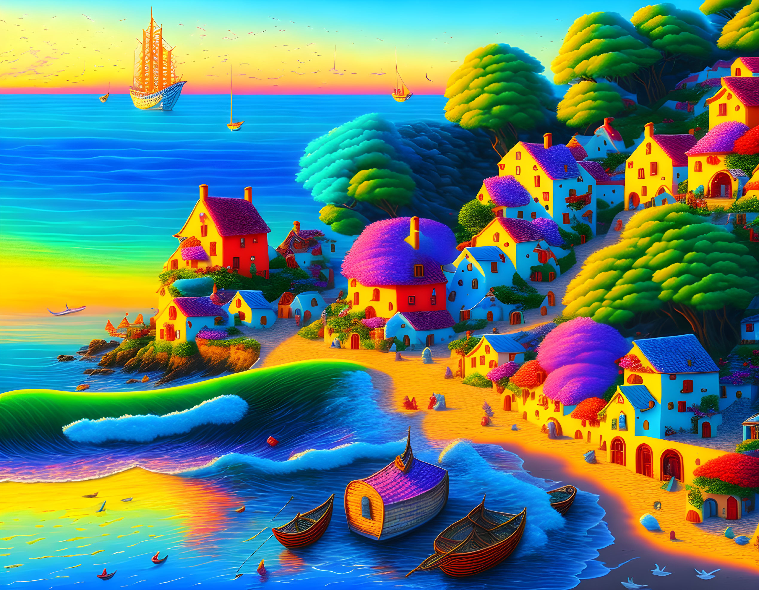 Scenic coastal village with colorful houses, greenery, beaches, boats, and sunset.