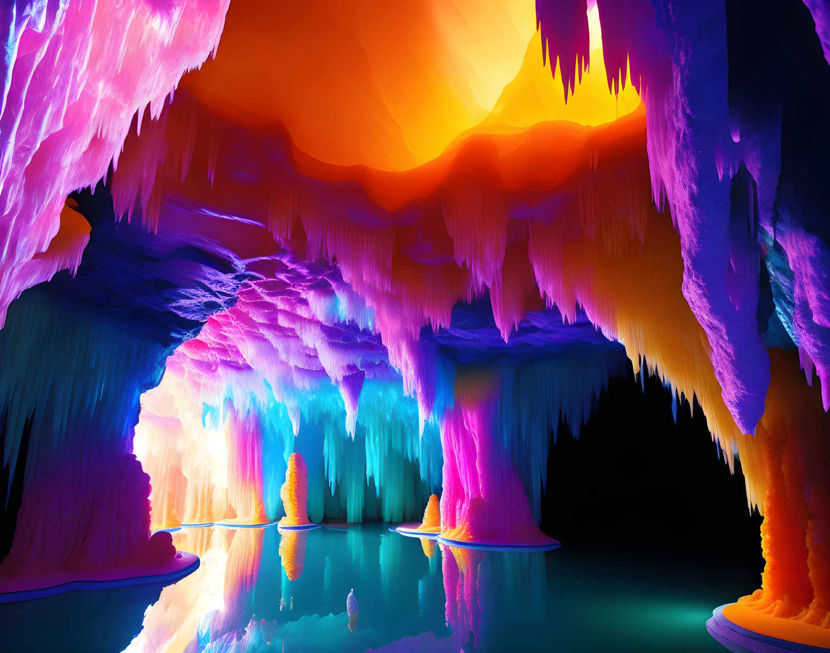 Colorful Cave with Stalactites and Water Reflections in Purple to Orange Spectrum