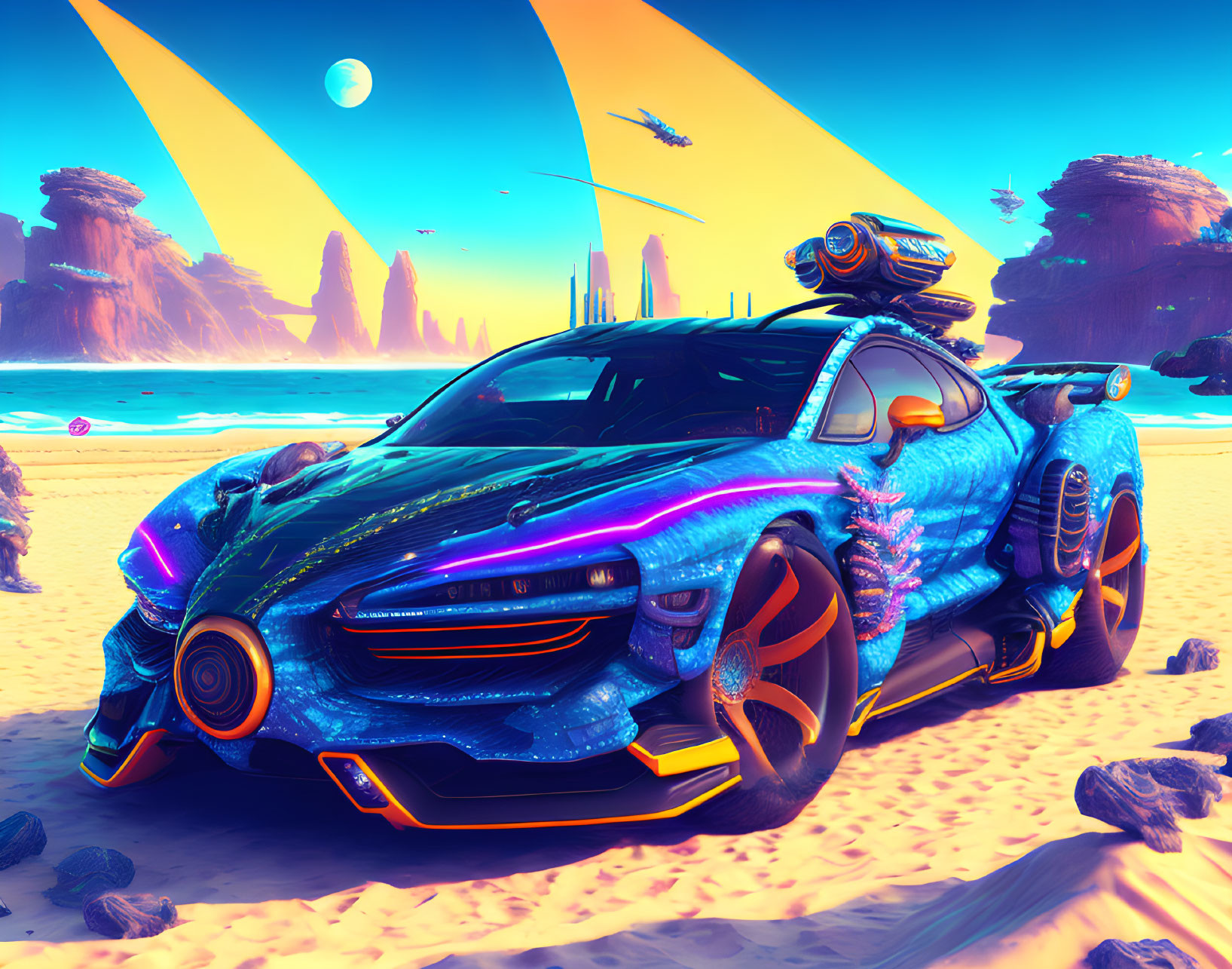 Futuristic blue car with organic elements on alien beach