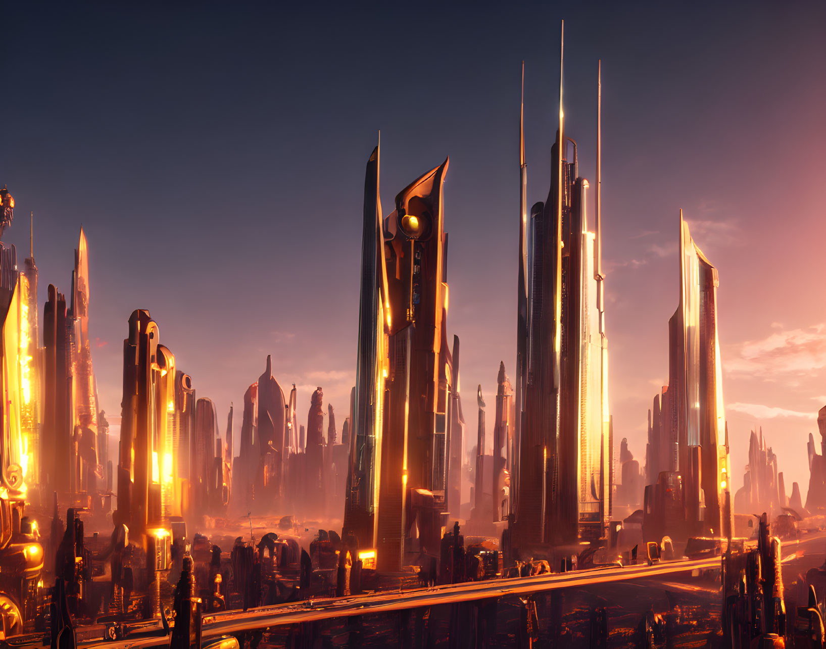 Futuristic sunset cityscape with towering skyscrapers and glowing lights