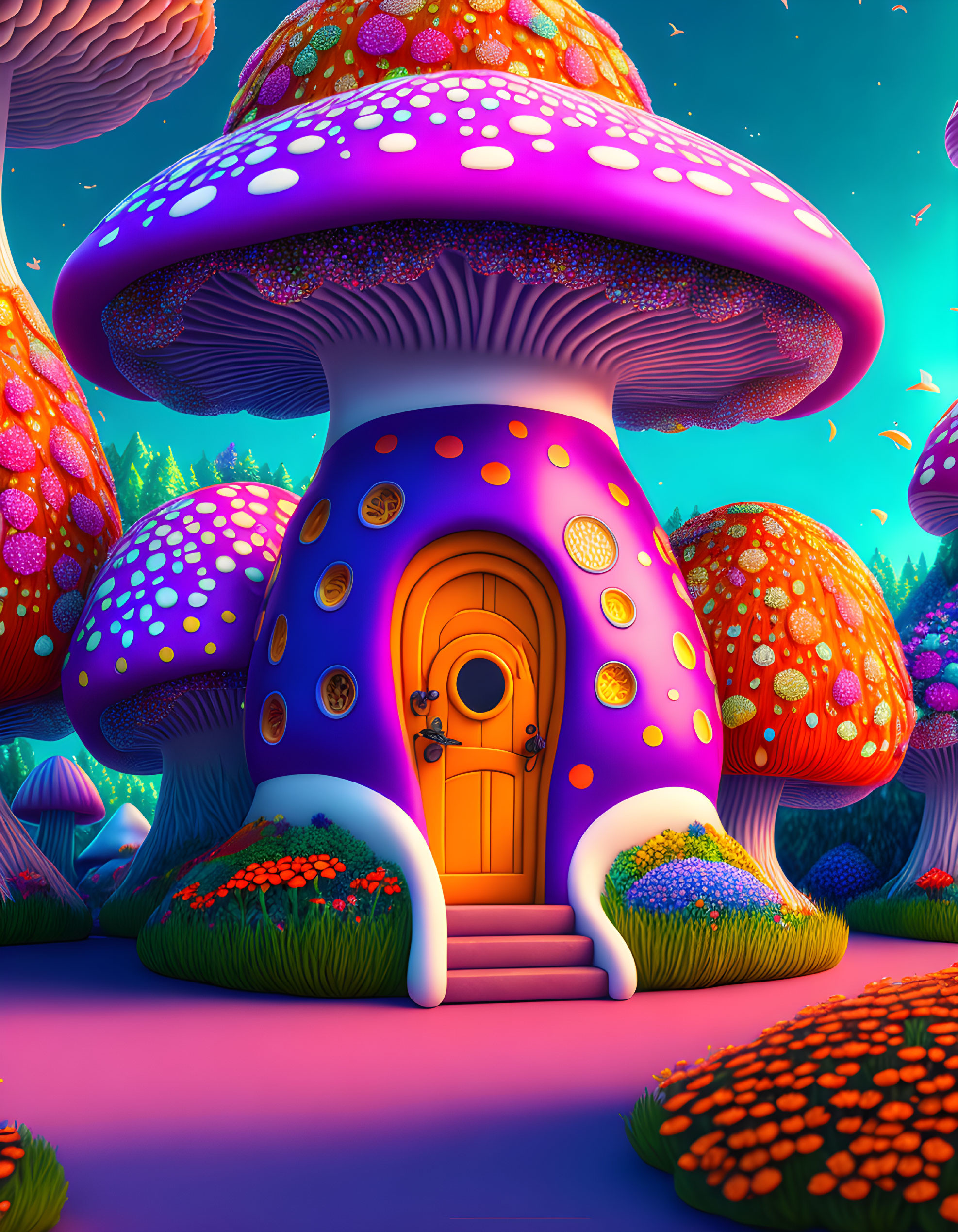 Colorful Fantasy Landscape with Oversized Mushroom House