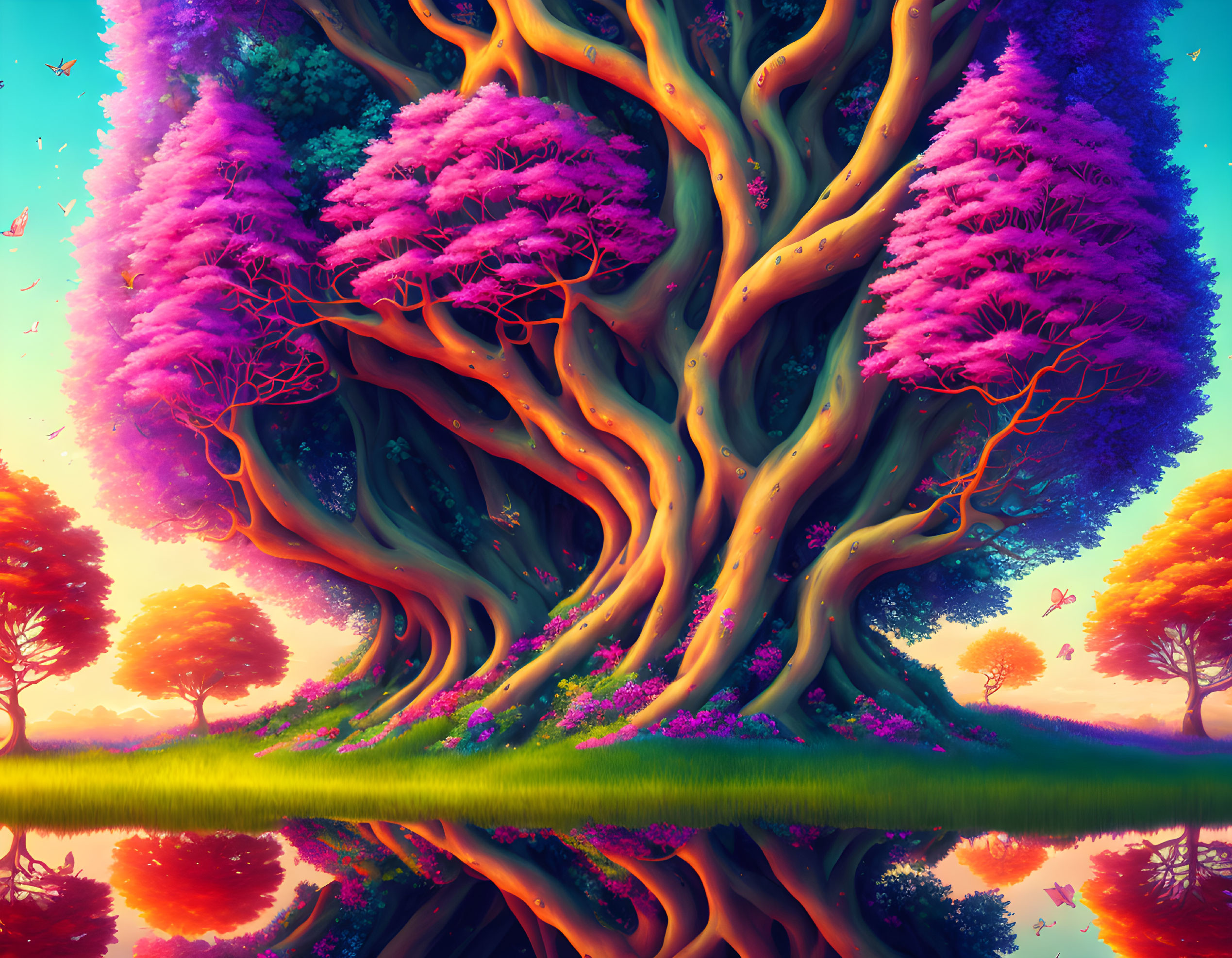 Colorful whimsical tree illustration by calm water body