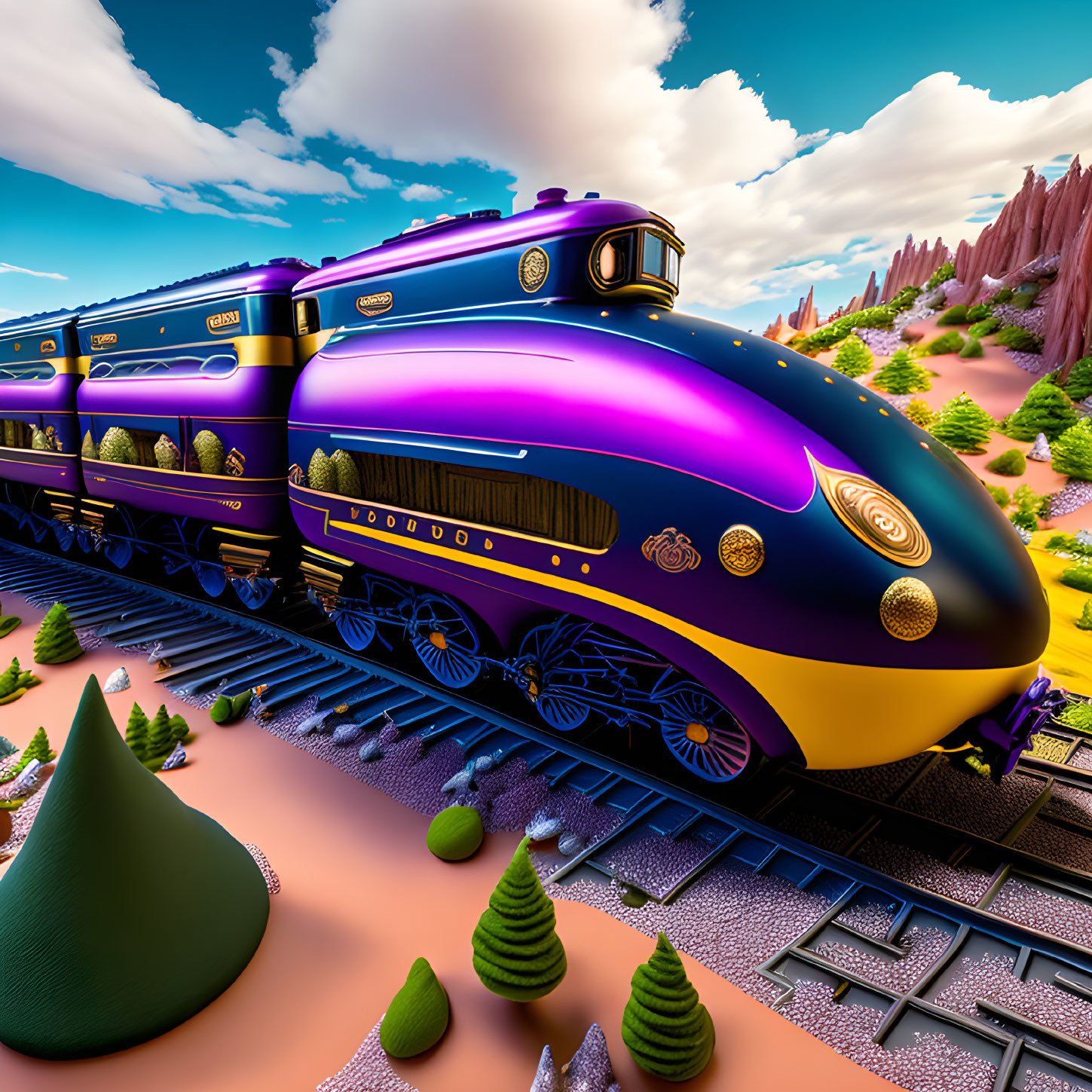 Colorful steam train in fantasy landscape with pink rock formations