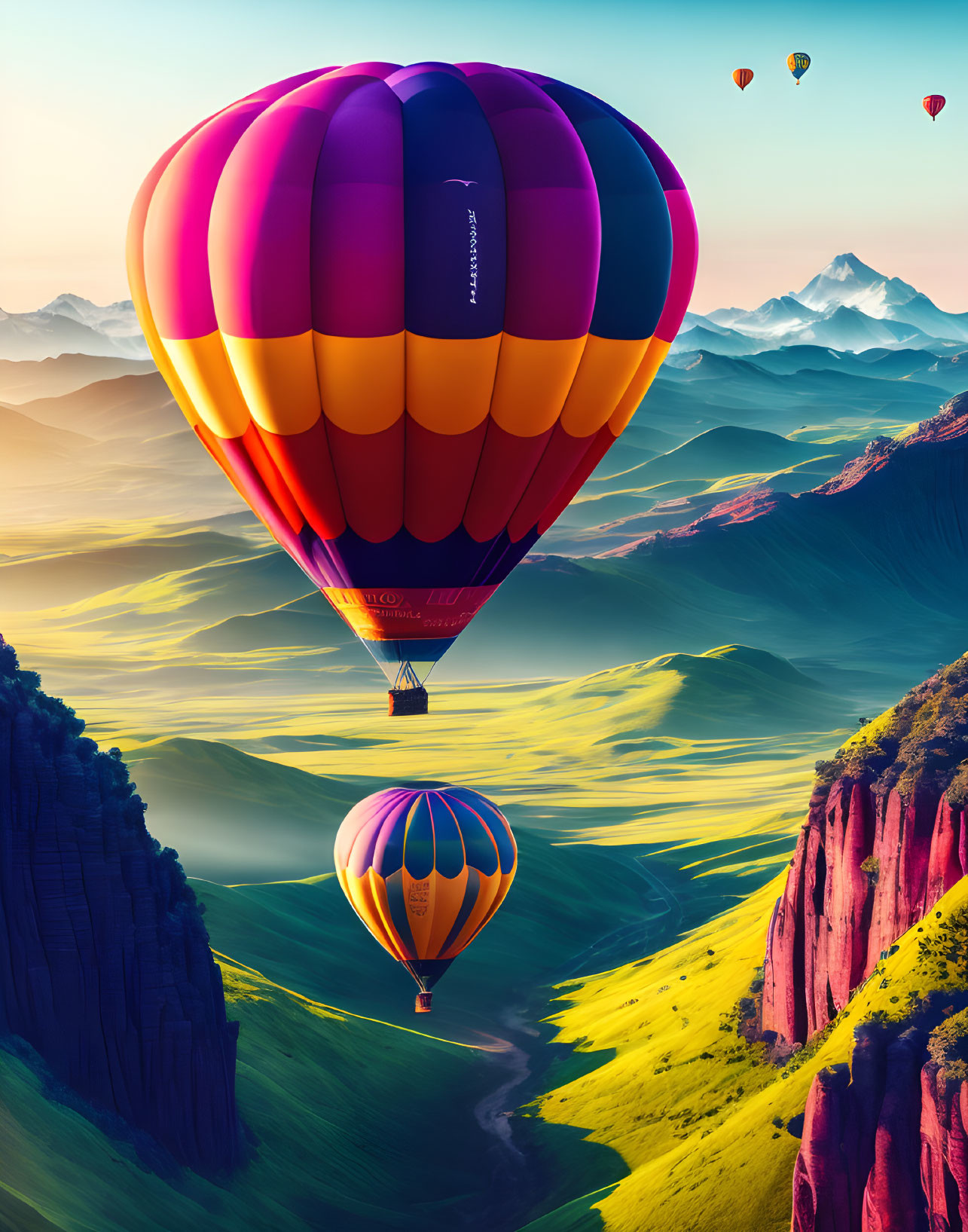 Vibrant hot air balloons over lush valley with mountains