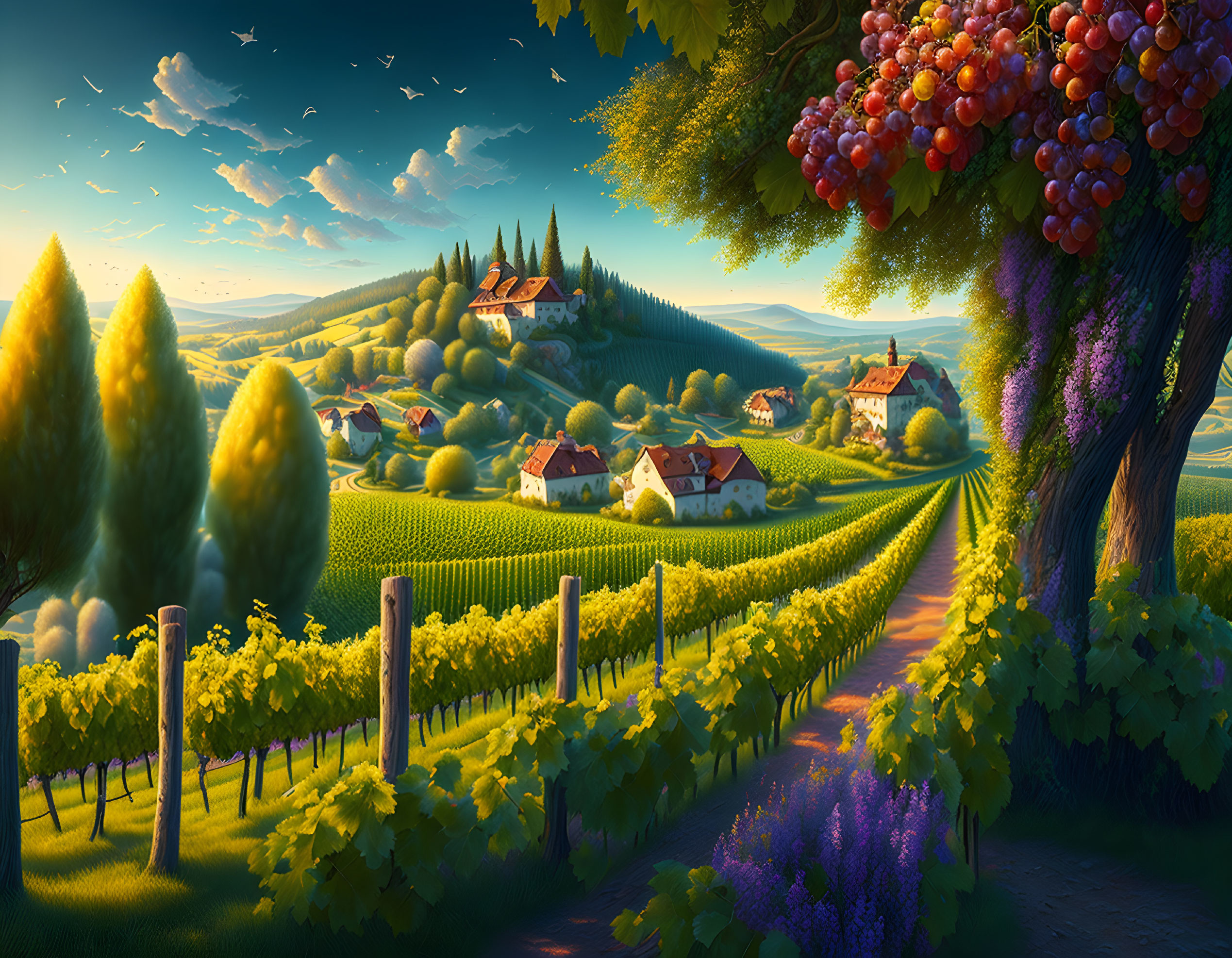 Golden sunset over rolling vineyard hills with village and grapevines