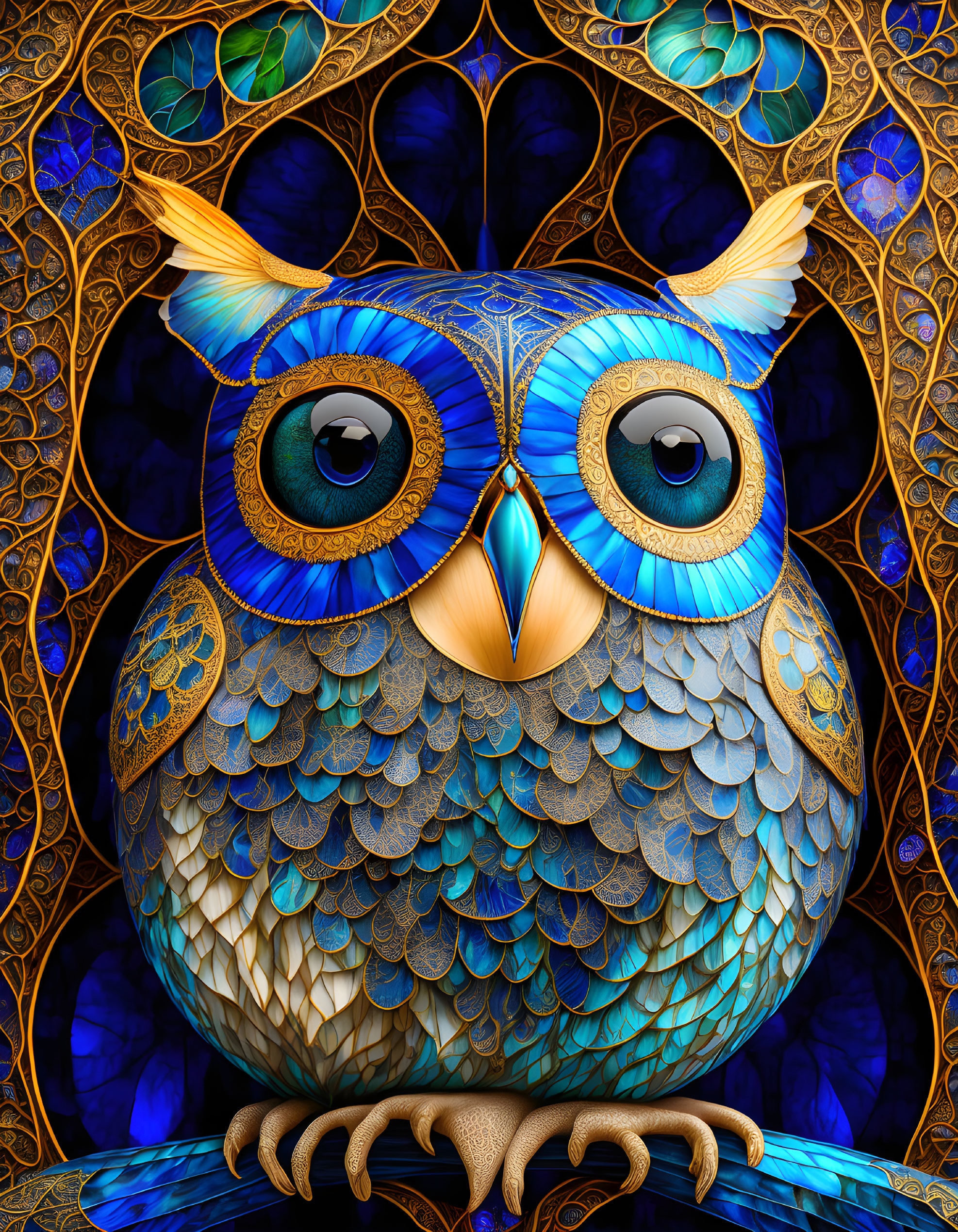 Colorful Owl Artwork with Blue and Gold Mandala Patterns