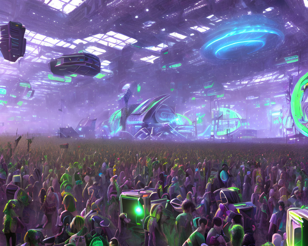 Alien-themed sci-fi concert with neon lighting and futuristic stages