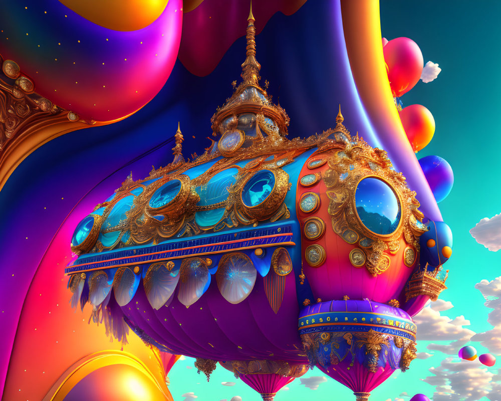 Colorful fantasy airship with gold and jewels in vivid sky