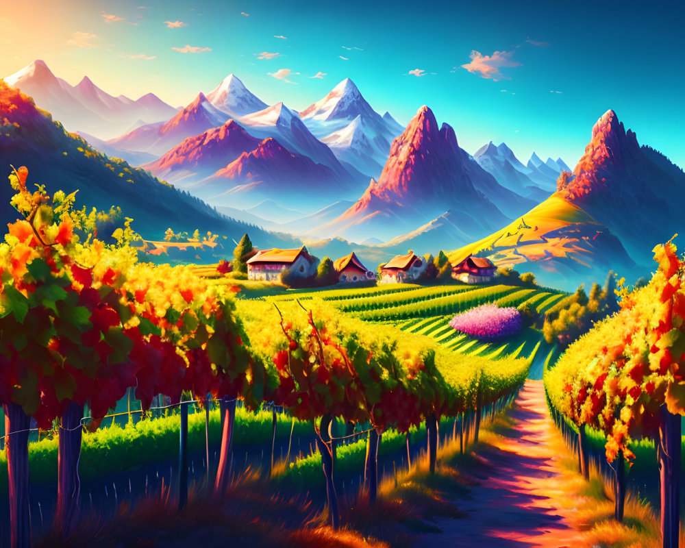 Scenic landscape with vineyards, cottages, and mountains at sunset