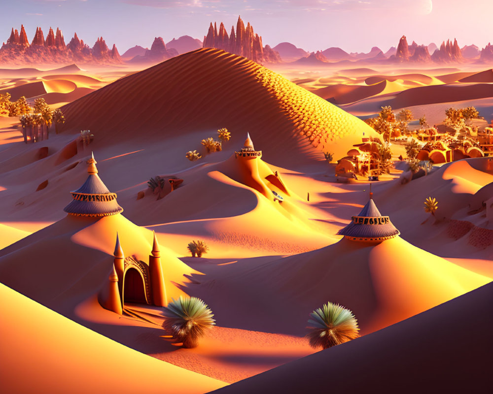 Desert landscape with dunes, village, and alien rock formations at sunset