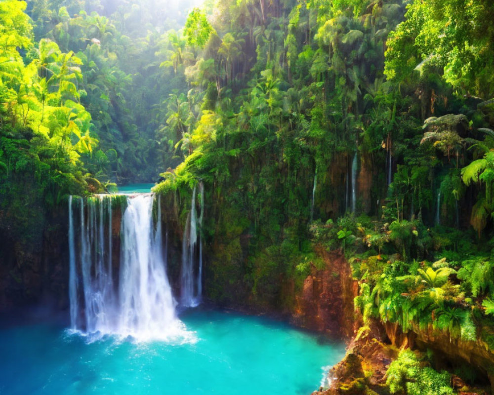 Tropical Forest with Cascading Waterfall and Turquoise Pool