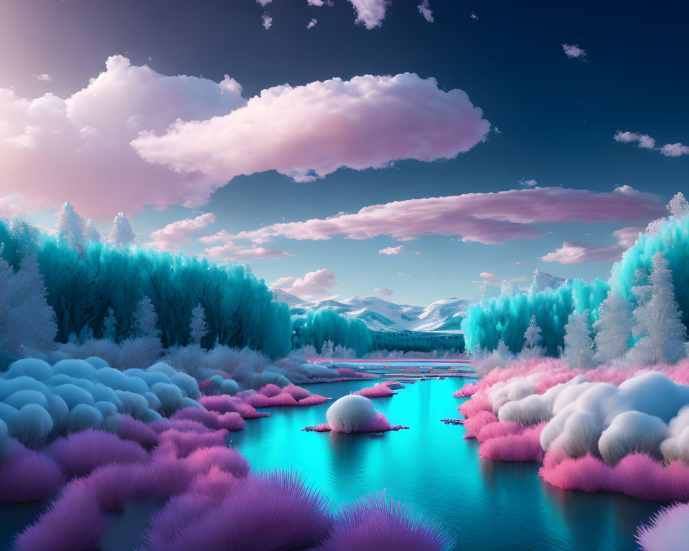 Vibrant landscape with turquoise water, pink clouds, snow-capped mountains, and pink grass