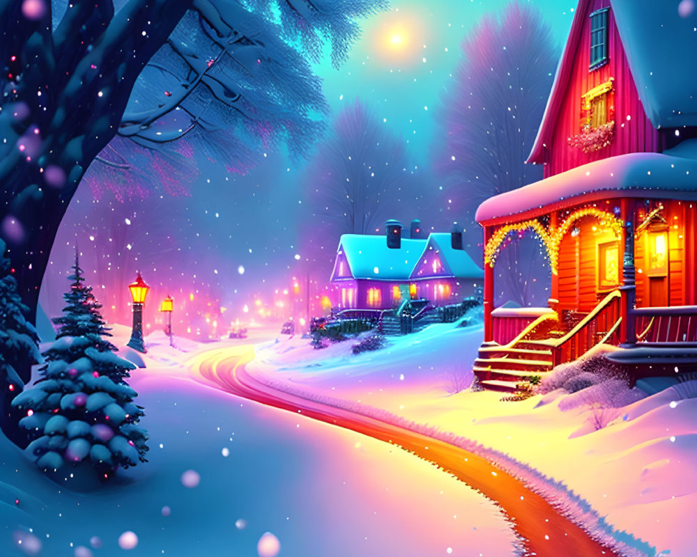 Snowy Winter Village with Cozy Houses and Snowy Path