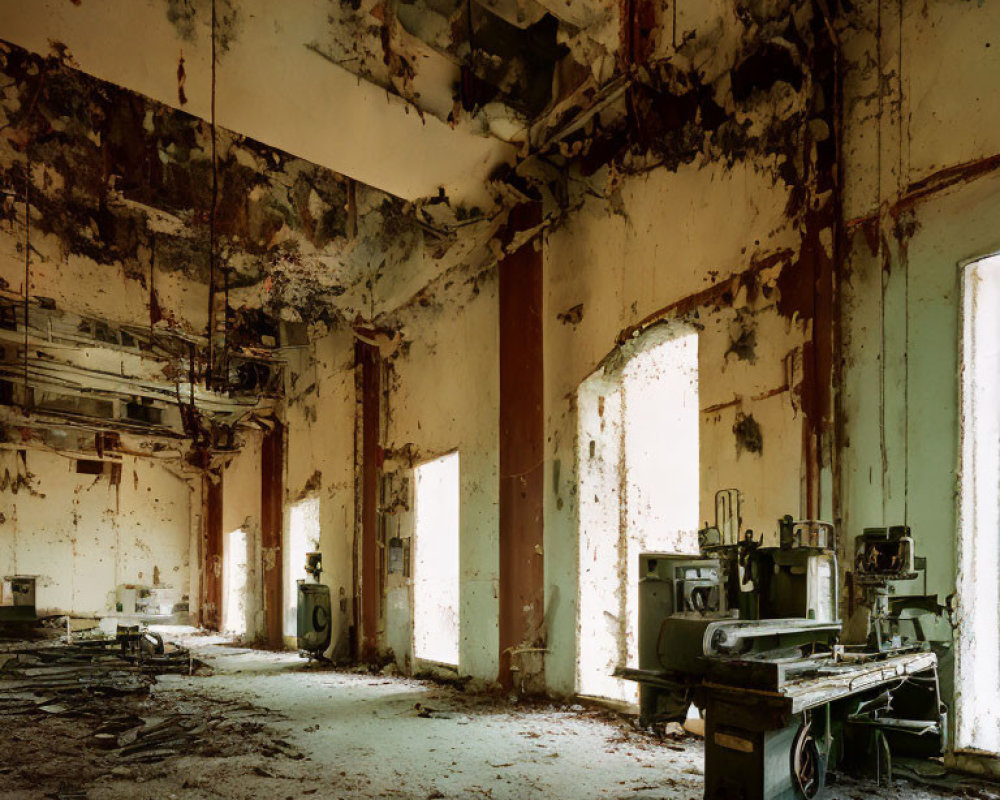 Decaying industrial room with peeling paint and old machinery abandoned among debris