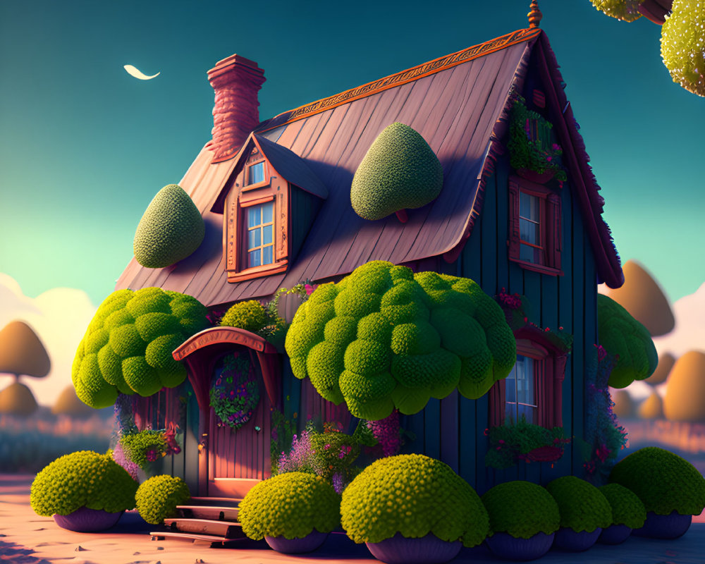 Whimsical cottage with green roof in twilight setting