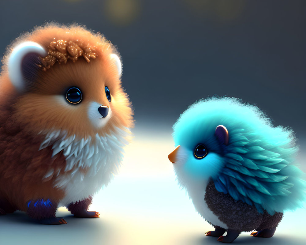 Adorable Fluffy Orange and Blue Creatures with Big Eyes