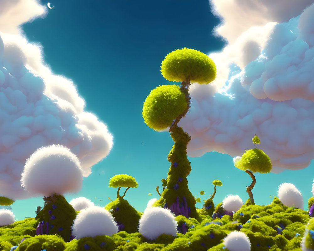 Vibrant green tree-like structures in whimsical landscape