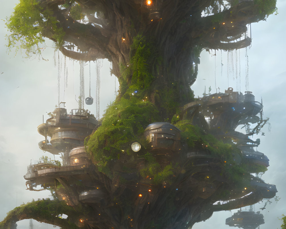 Enchanting colossal tree with lush foliage and illuminated lanterns.