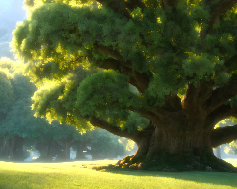 Majestic tree with lush green leaves in serene meadow