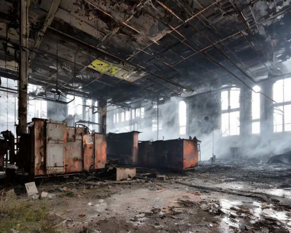 Abandoned industrial setting with rusted machinery and beams of light