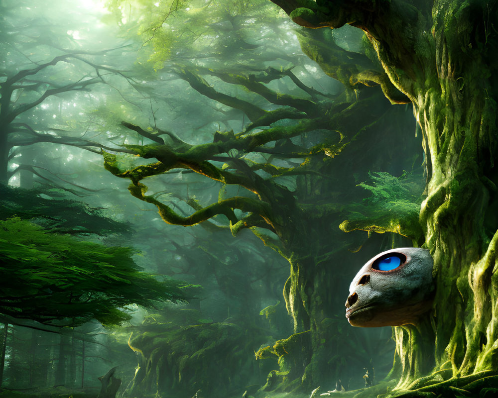 Ethereal forest scene with ancient trees and mystical mask-like object