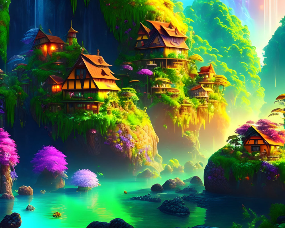 Vibrant fantasy landscape with traditional houses, cliffs, and serene lake