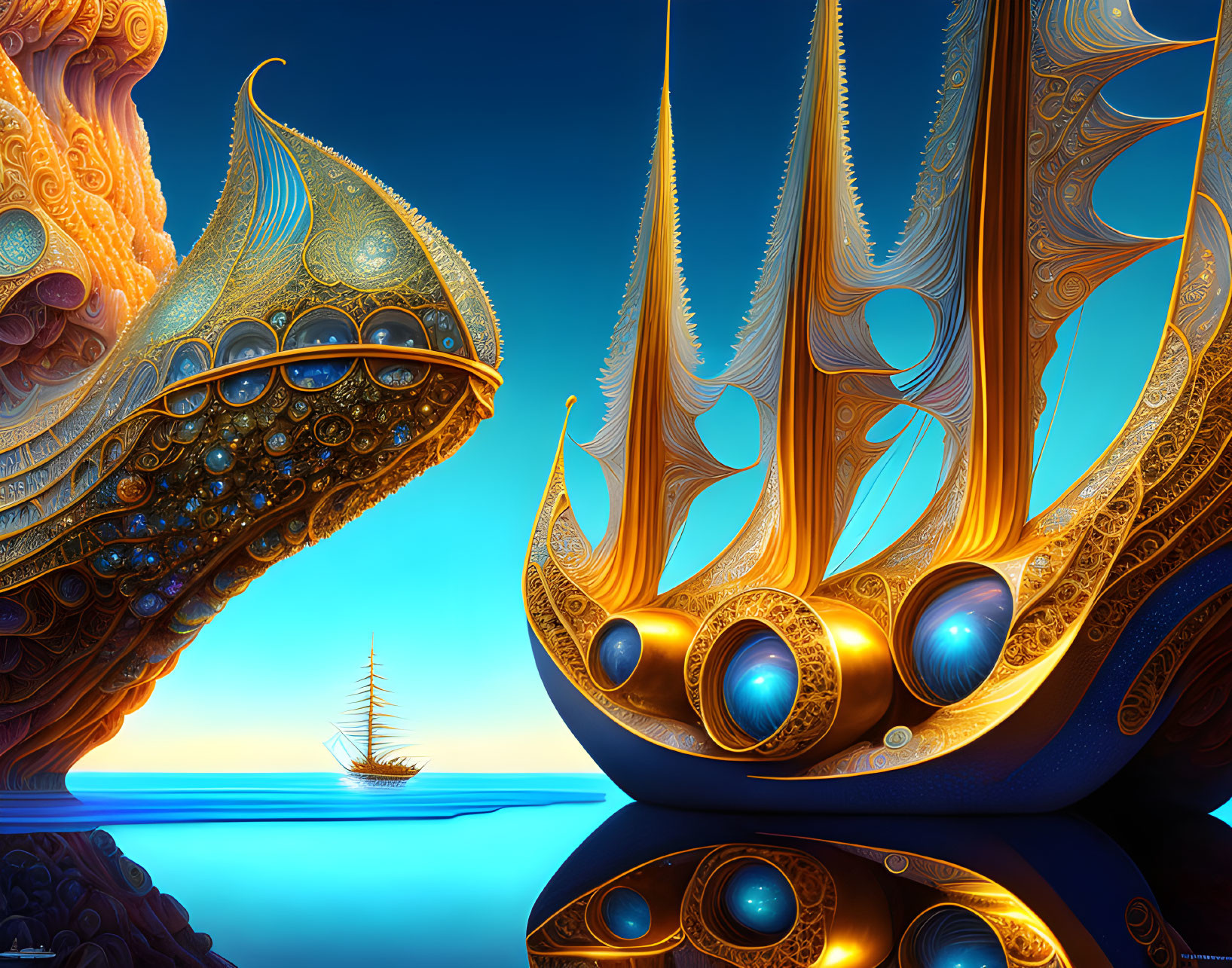 Surreal landscape with golden structures and iridescent spheres on reflective blue surface