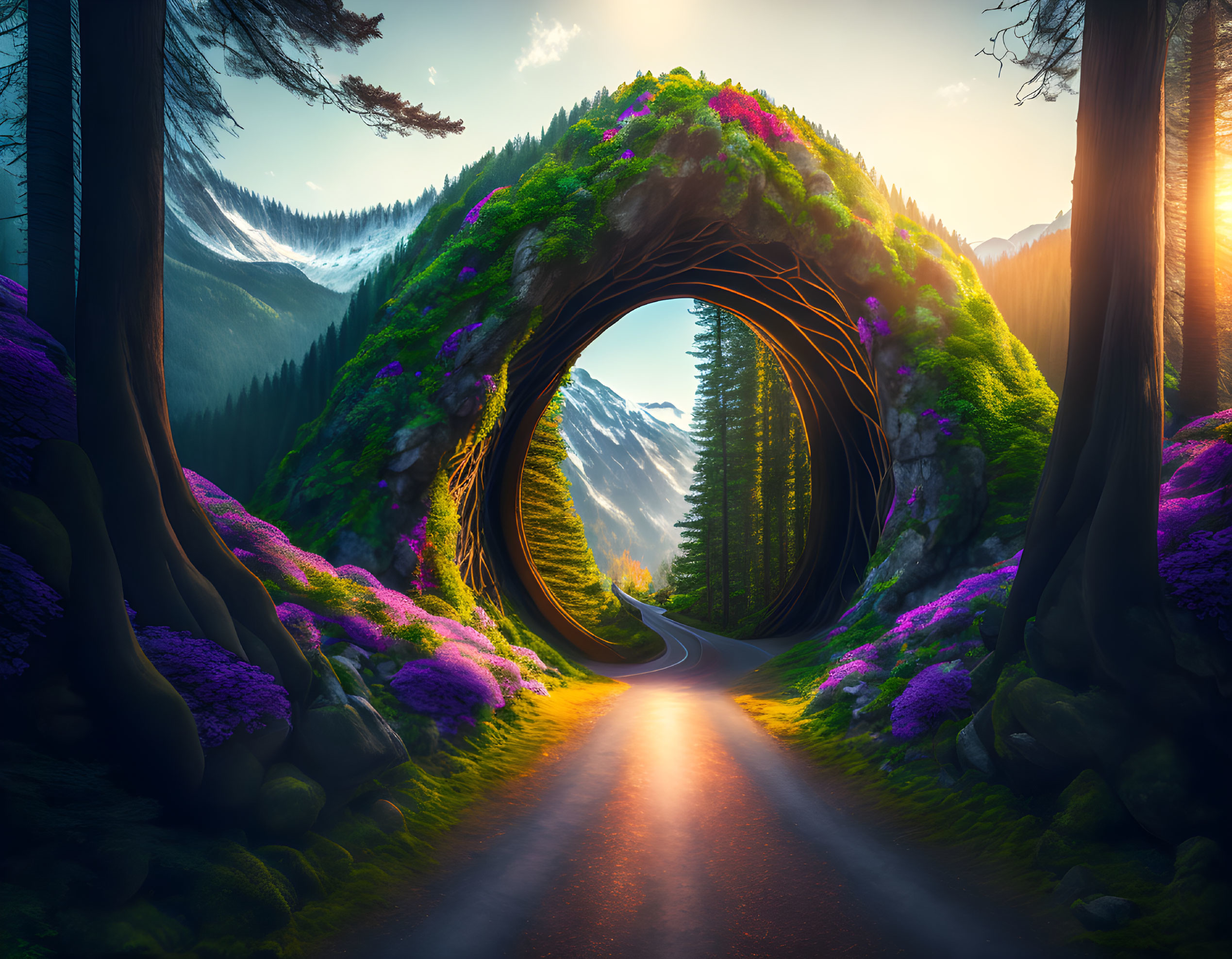 Scenic winding road through natural tree tunnel at sunset